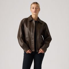 Faux Leather Relaxed Fit Bomber — Brown - Brown 3