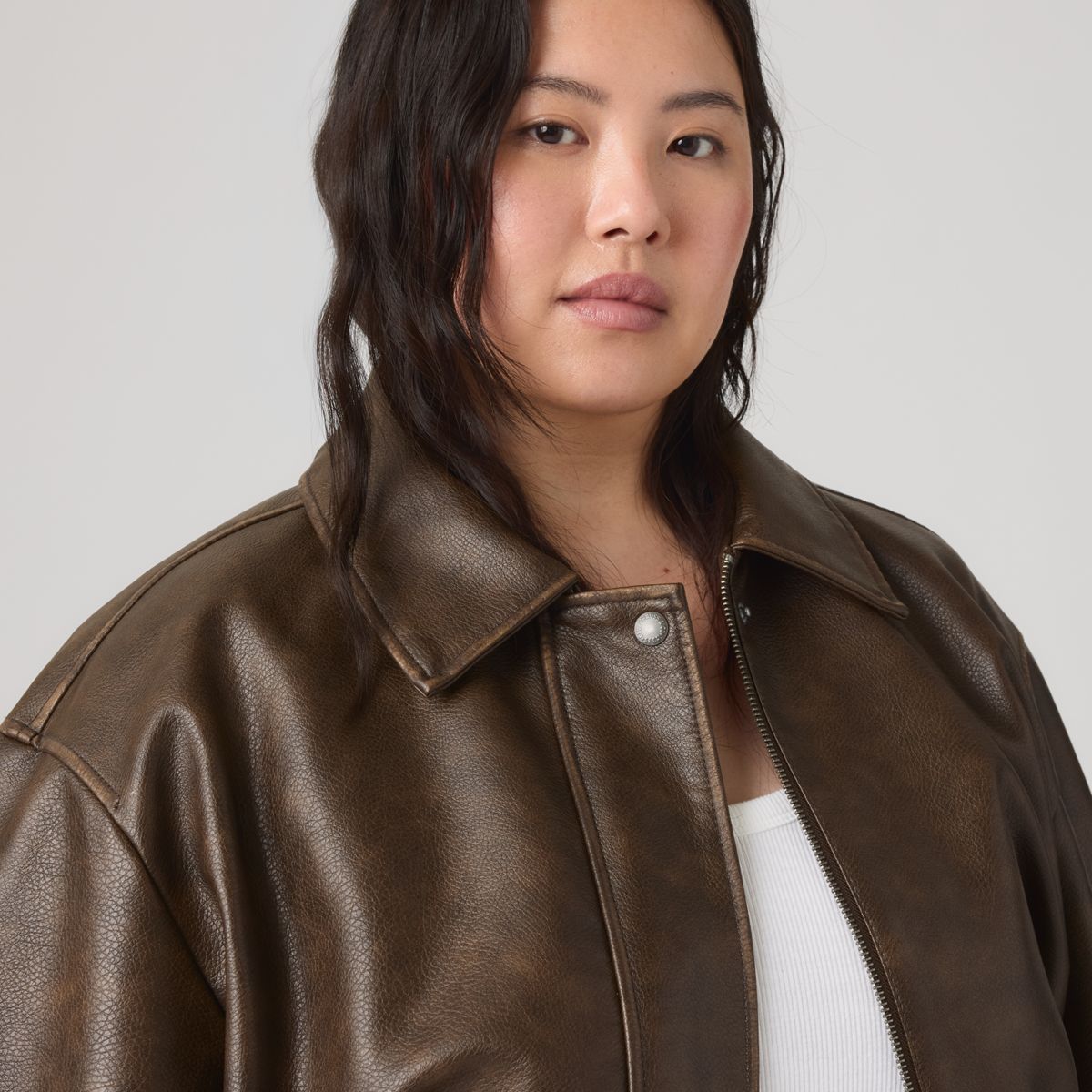 Faux Leather Relaxed Fit Bomber (Plus Size) — Brown - Brown