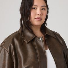 Faux Leather Relaxed Fit Bomber (Plus Size) — Brown - Brown 2
