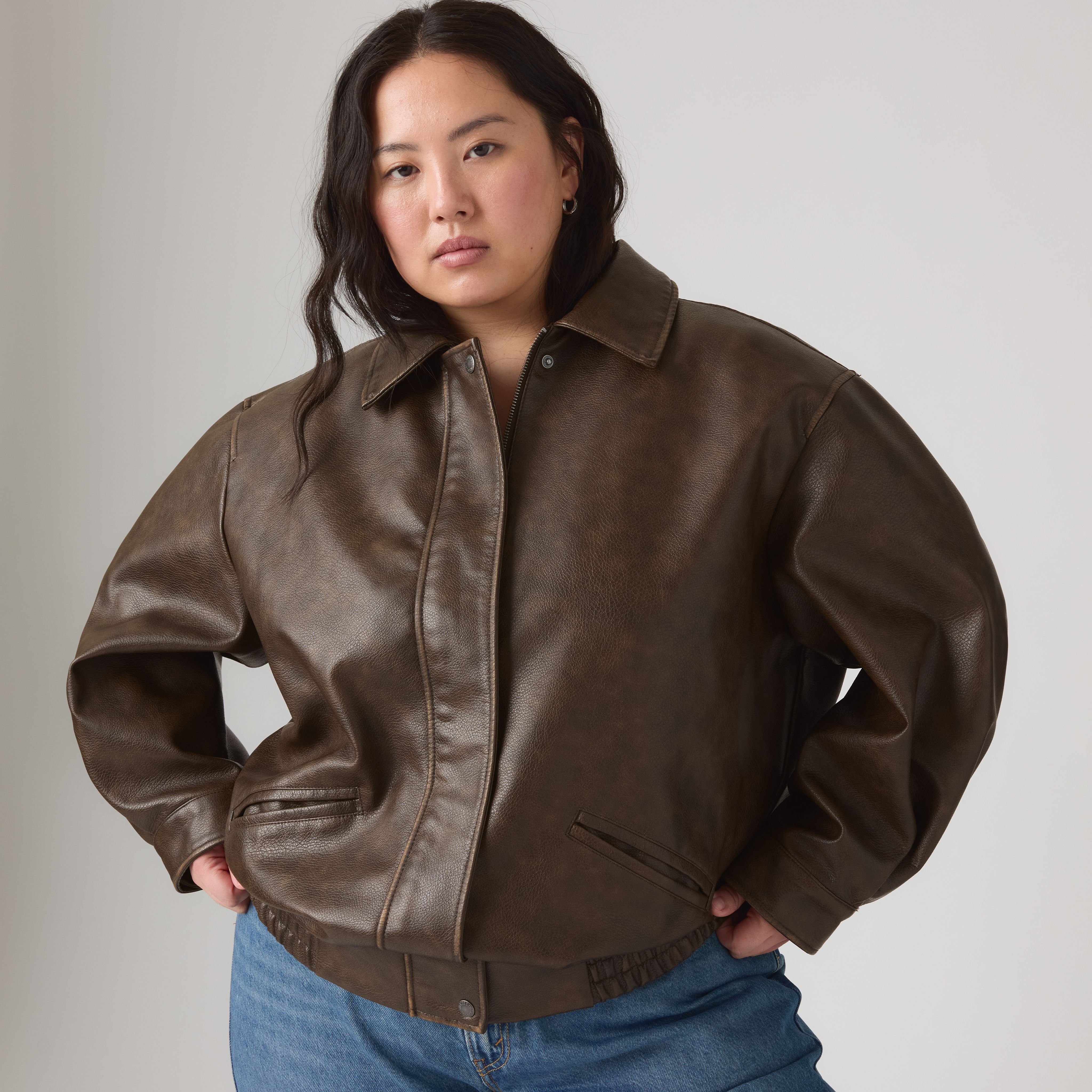 Faux Leather Relaxed Fit Bomber (Plus Size) 1