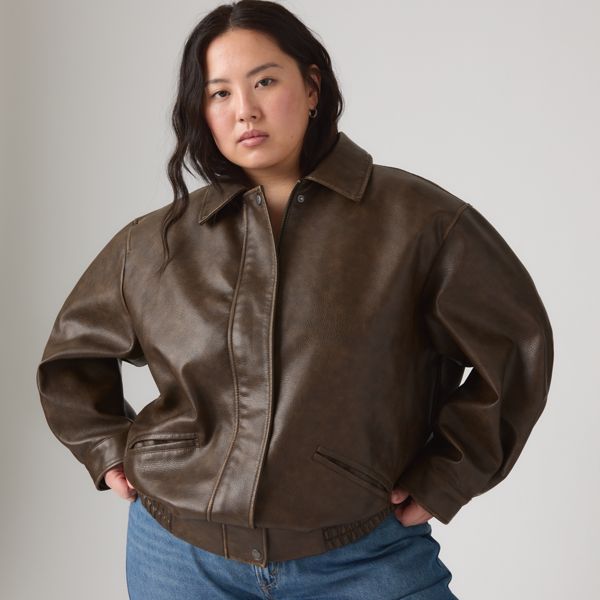 Faux Leather Relaxed Fit Bomber (Plus Size) — Brown - Brown