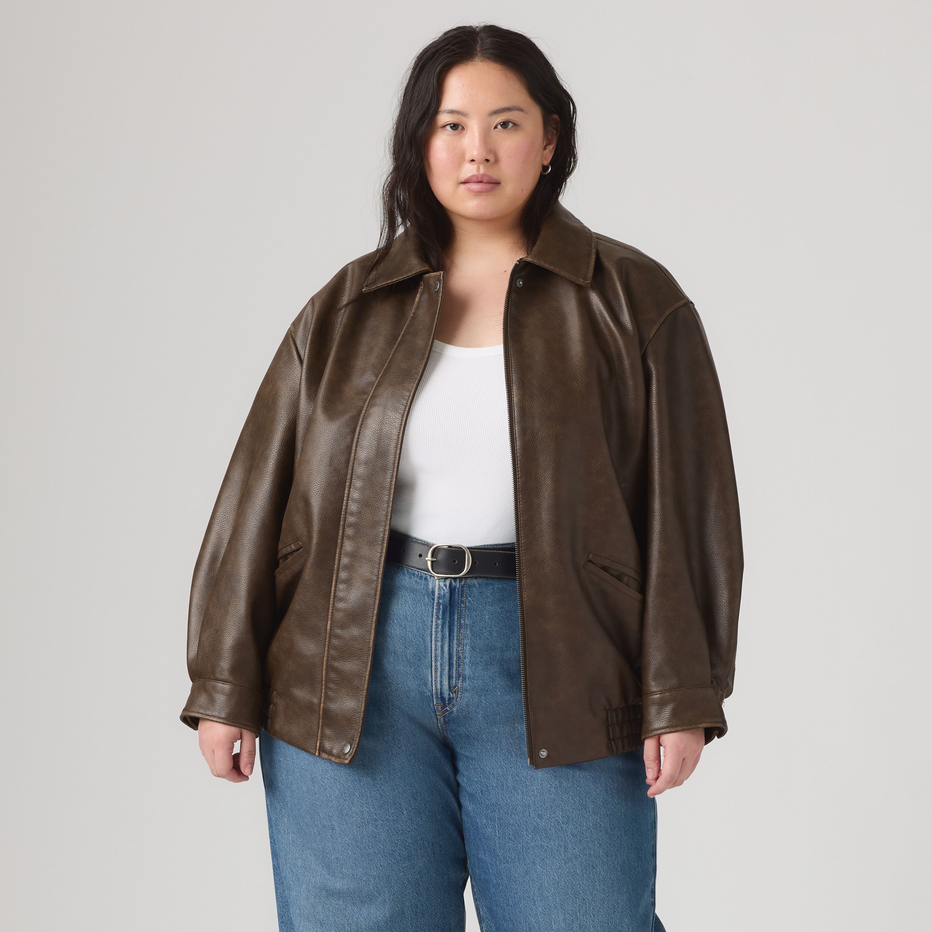 Faux Leather Relaxed Fit Bomber (Plus Size) 14