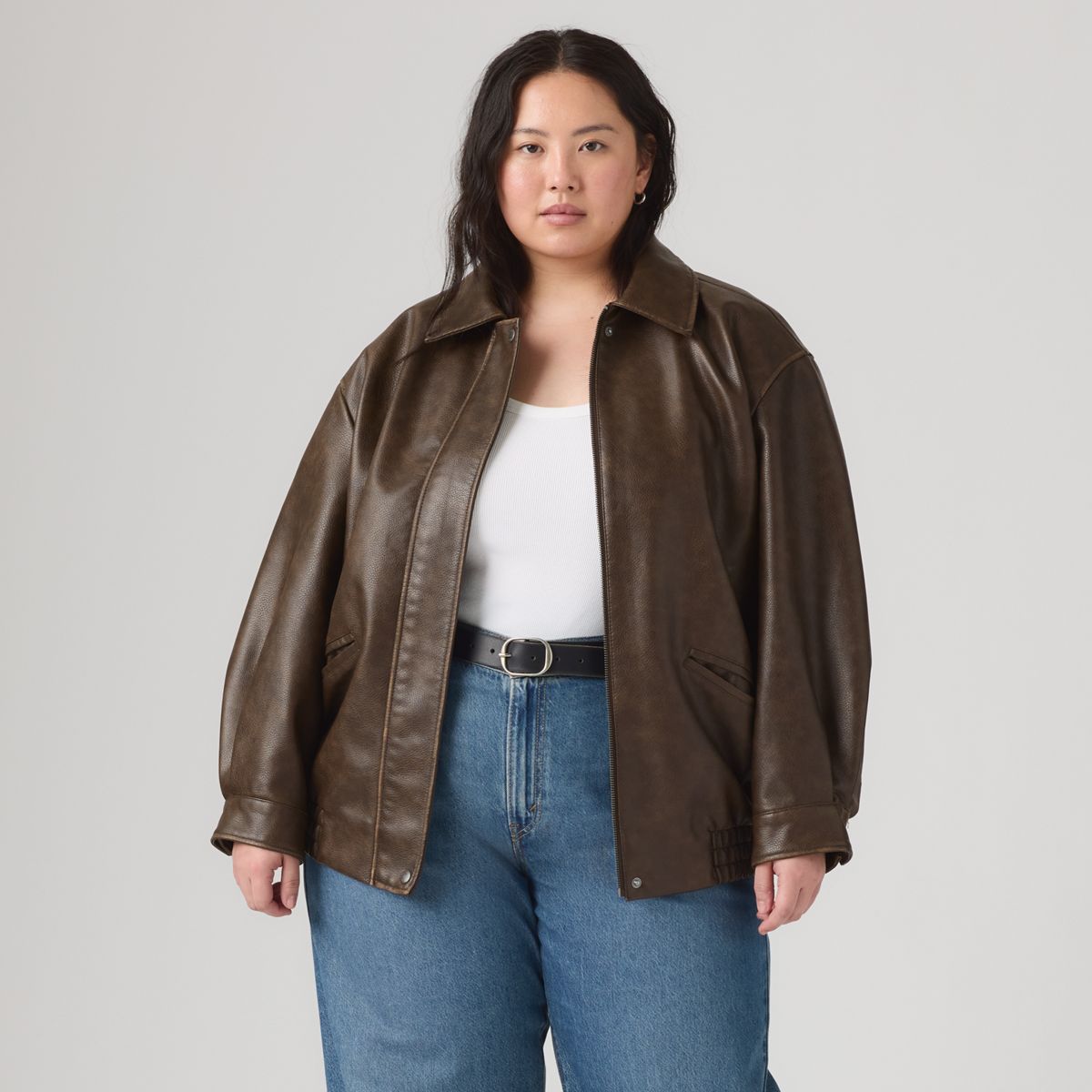 Faux Leather Relaxed Fit Bomber (Plus Size) — Brown - Brown