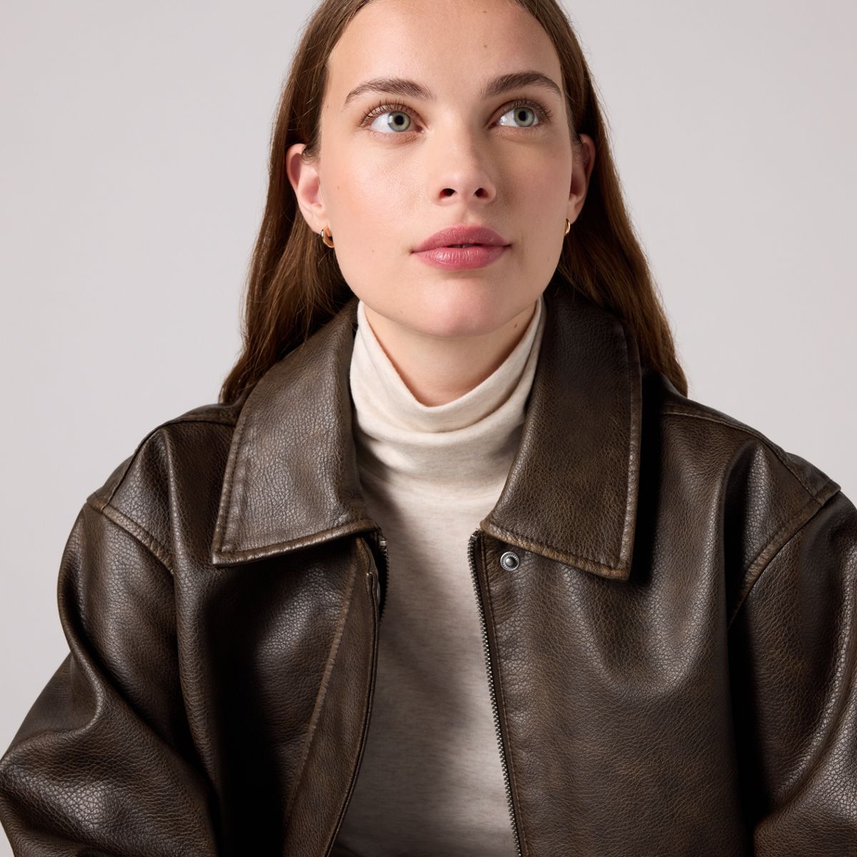 Faux Leather Relaxedbomber — Brown - Brown