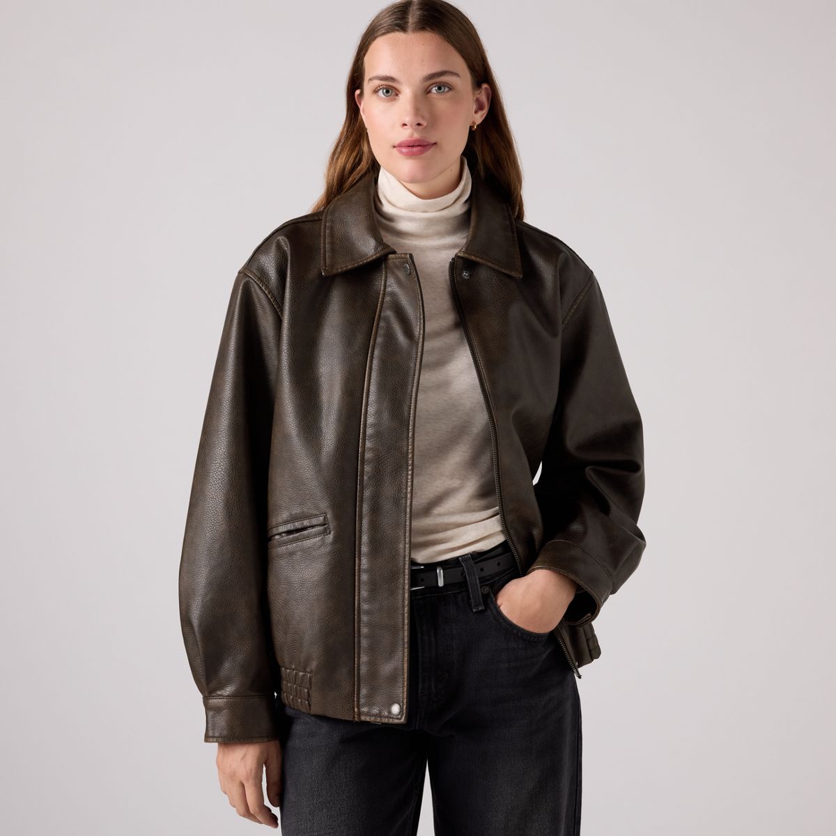 Faux Leather Relaxedbomber — Brown - Brown
