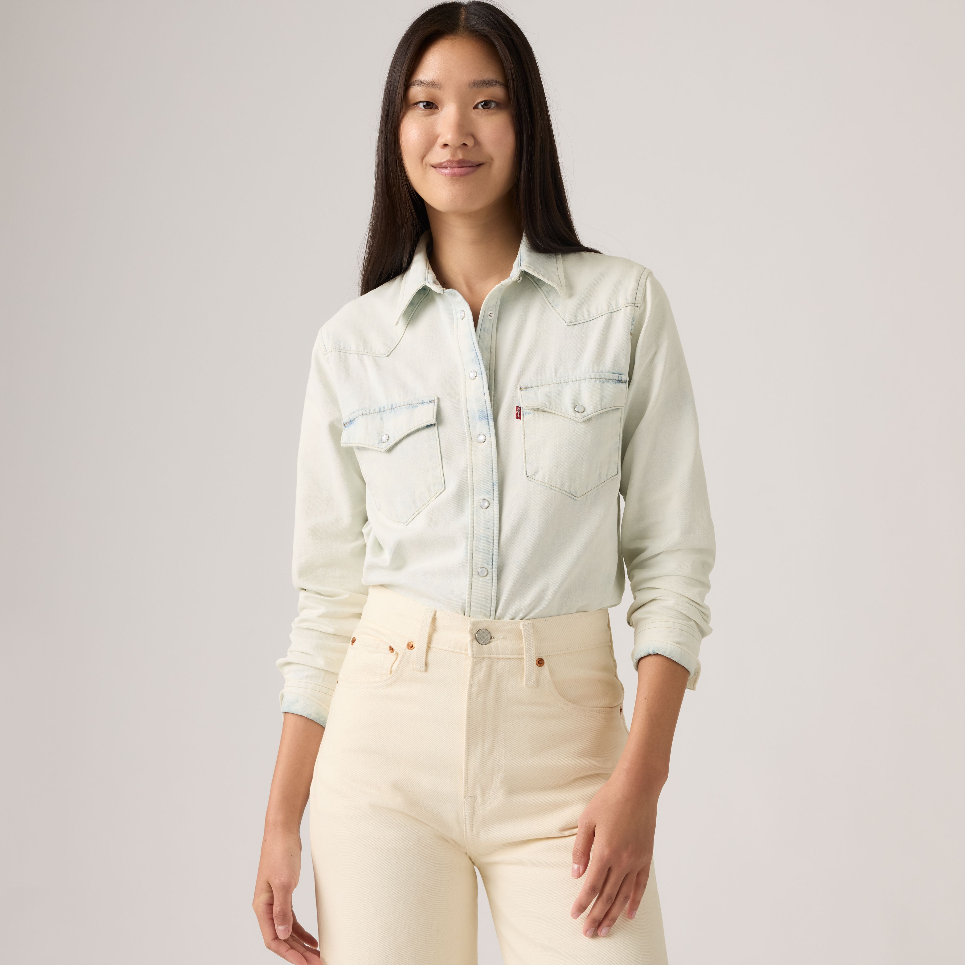 JUN MIKAMI / ジュンミカミ | ALMO WESTERN SHIRT ストライプ シャツ | ライトブルー/ホワイト | レディース JUN MIKAMI/ジュン ミカミよりALMO COTTON CLERIC SHIRT/アルモ