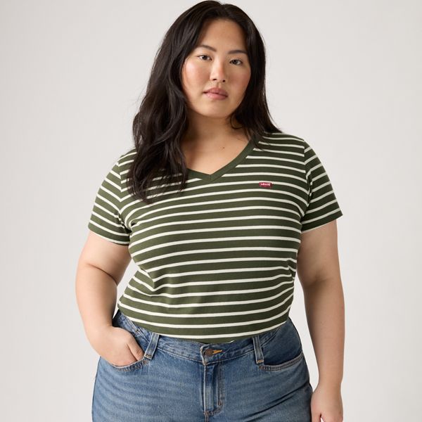 V-Neck T-Shirt (Plus Size) — Emily Stripe Deep Depths - Green