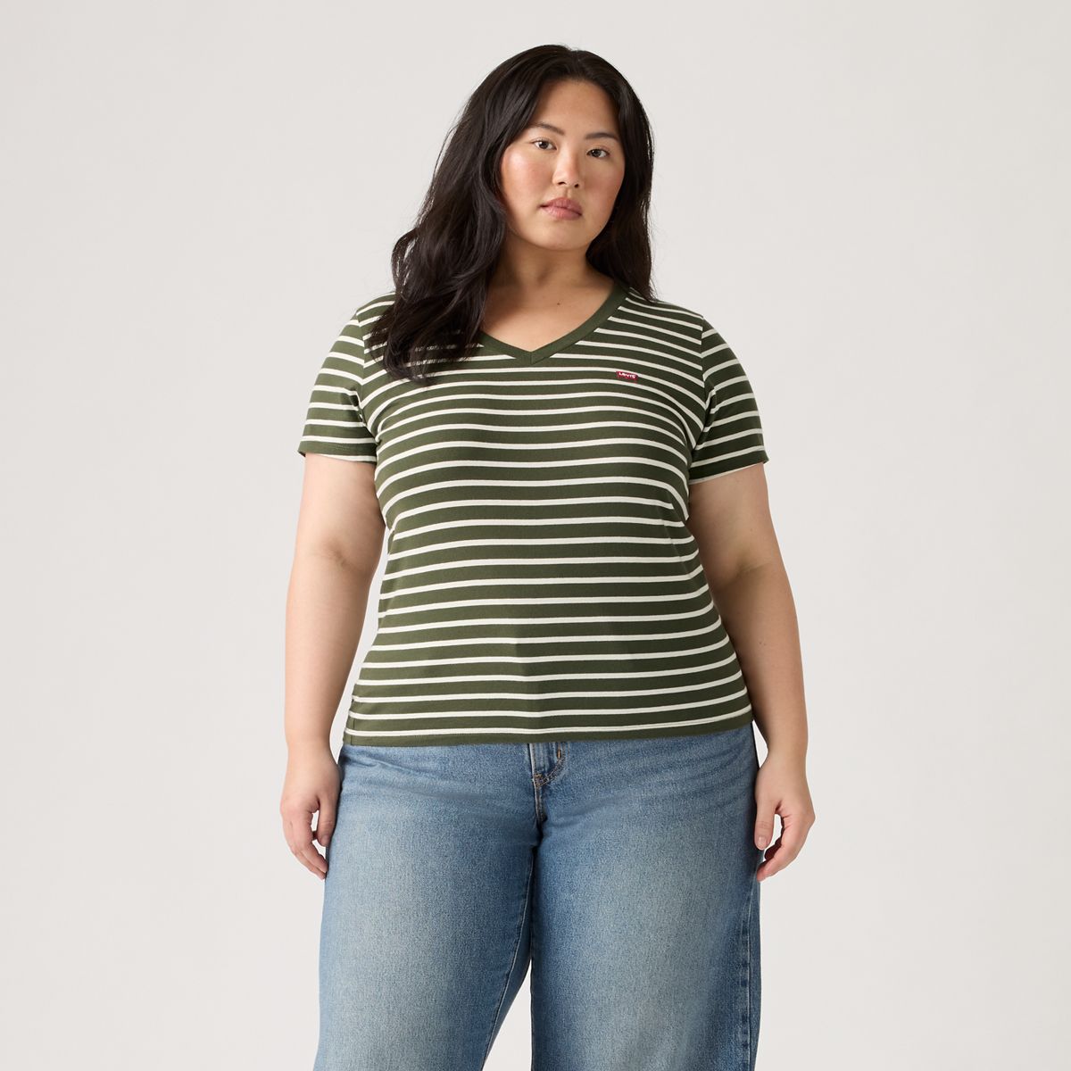 V-Neck T-Shirt (Plus Size) — Emily Stripe Deep Depths - Green