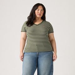 V-Neck T-Shirt (Plus Size) — Emily Stripe Deep Depths - Green 3