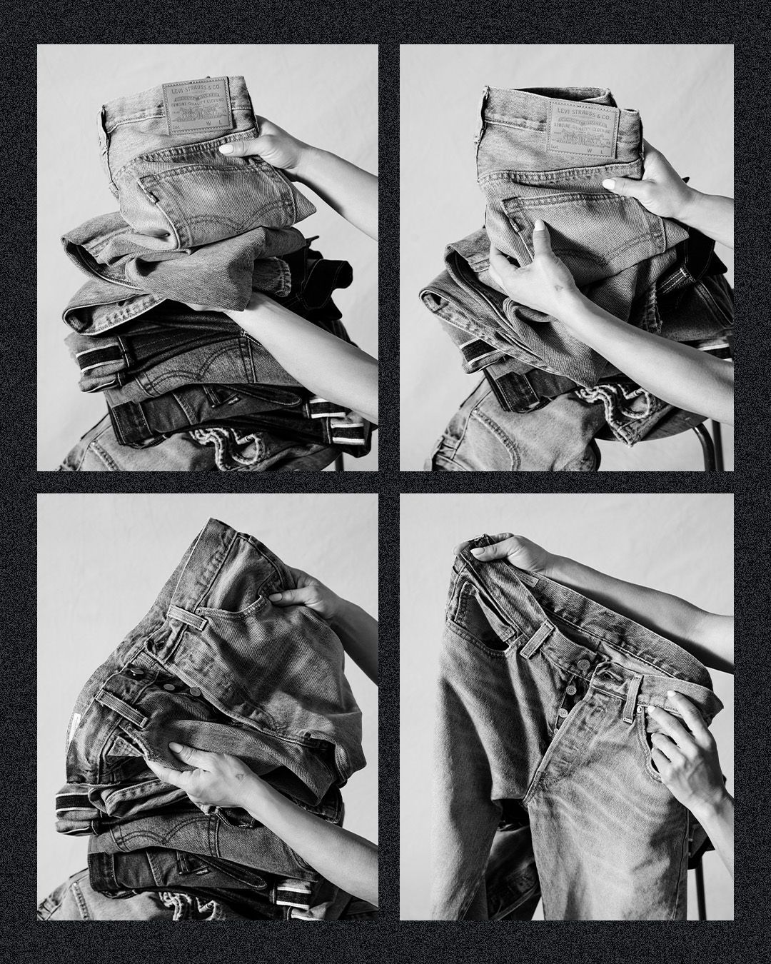 Image of collage of unfolding jeans in black and white