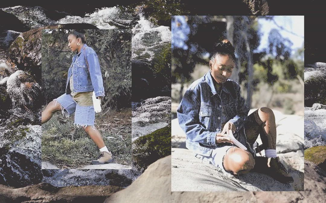 GIFs of Evelynn Escobar-Thomas in the outdoors. In the first GIF, she is walking in front of greenery. In the second GIF, she's sitting on a rock and reading.