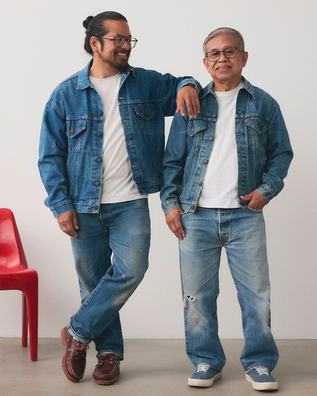 rotating images of fathers and sons in levi's